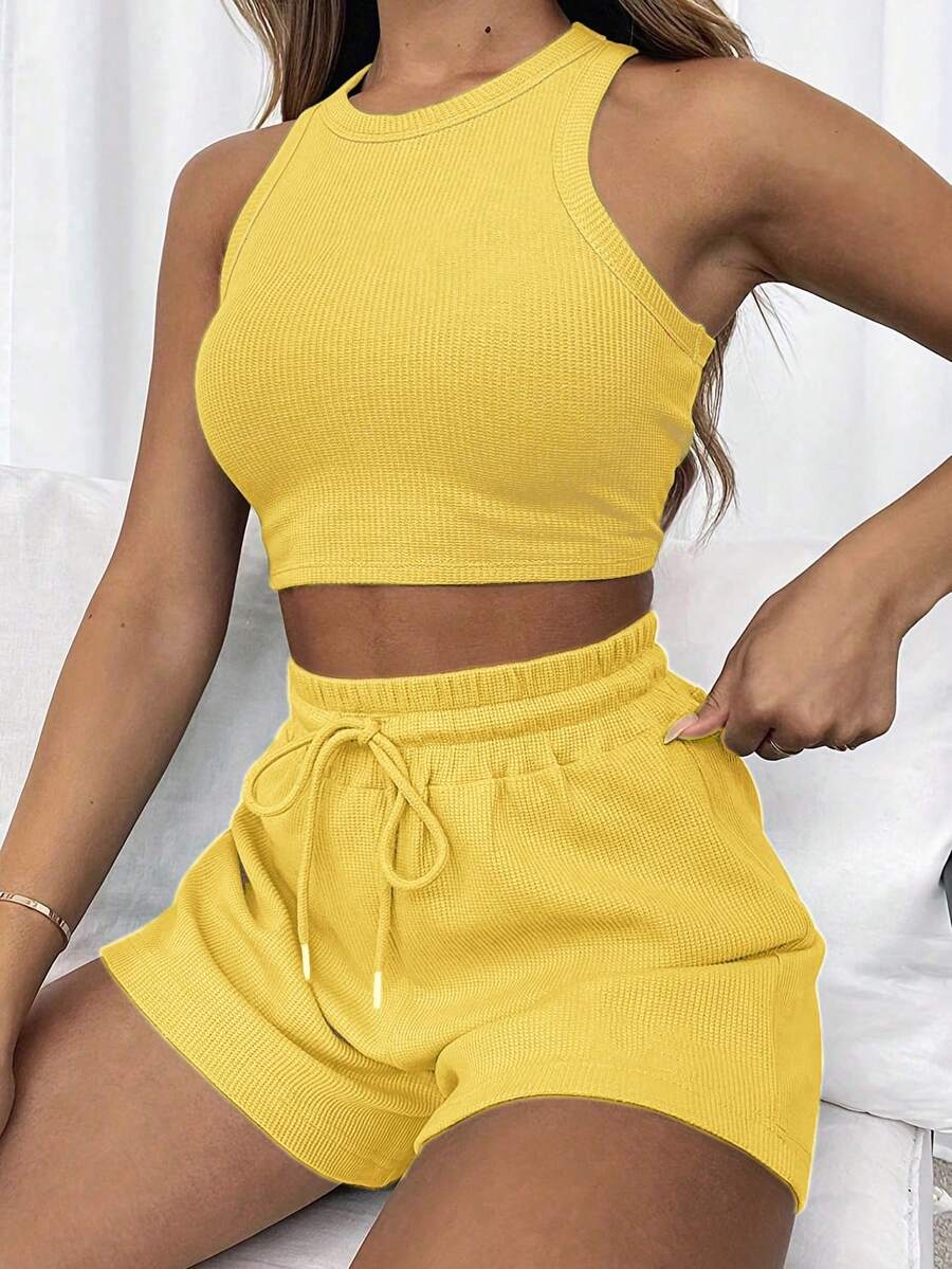 INAWLY Bộ đồ nữ mùa hè kiểu dáng thường ngày, màu trơn, gồm áo croptop và quần short. - Màu vàng - Xem 1