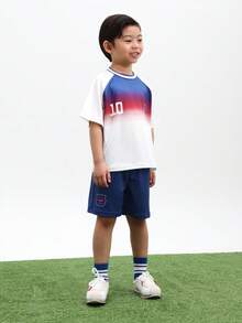SUMWON Boys England Football Inspired Gradient Ombre T-Shirt And Shorts Co-Ord Set With Number 10 Print For Casual Summer Wear, World Cup 2026 Sporty Chic Game Day Football Blokecore Streetwear Jersey Kit - Multicolor - View 5