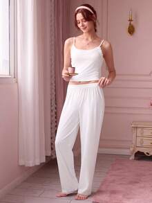 Lowkey Lull Women's Comfortable Minimalist Lace Slim Fit Casual Jumpsuit Pajamas, Home Wear - White - View 6