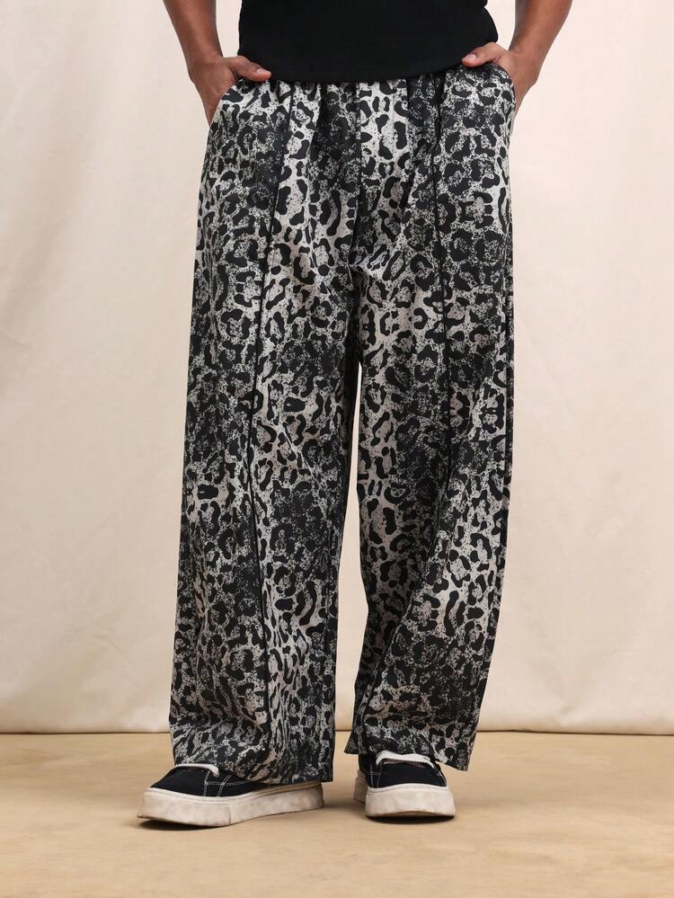 SUMWON Pantalon décontracté à imprimé léopard, coupe ajustée, jambes larges, taille à cordon de serrage, motif animal, mode détente et streetwear, pour hommes