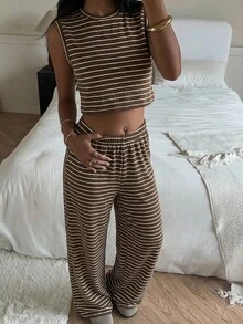 SHEIN EZwear 女士条纹针织休闲两件套，夏季 - 棕色 - 查看 3