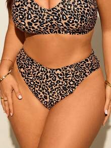 Swim SXY Plus Size Women's Fashionable Leopard Print High Waist Triangle Bottom Swimwear - Black - View 7