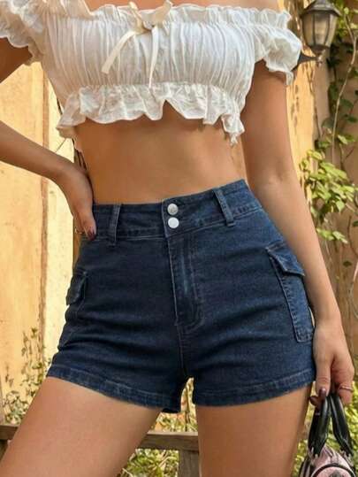 Pantalones cortos vaqueros informales para mujer con bolsillos, diseño de doble botonadura/bolsillos laterales, estilo veraniego.