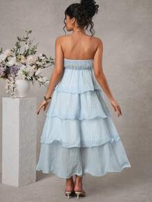 Momance 孕妇无肩带A字型层叠下摆长裙 - 淺藍色 - 查看 2