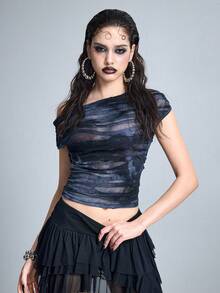 ROMWE Grunge Punk Distressed Tie-Dye Laser Cut Asymmetric Shoulder Fitted Top - Grey - View 6