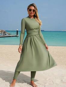 Swim Shayni 优雅收腰长袖度假泳衣套装，包含泳裤 - 軍綠色 - 查看 4