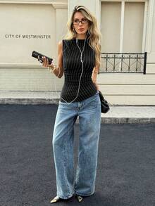 Siren Gaze 女士条纹褶皱修身休闲背心 - 黑色 - 查看 4