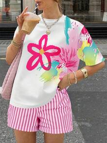 EMERY ROSE Bộ 2 món gồm áo thun in hoa Dopamine và quần short kẻ sọc, bộ đồ thường ngày phong cách Y2K gồm áo thun in hoa màu nước và quần short kẻ sọc, bộ đồ thường ngày ngọt ngào cho bé gái gồm áo thun in hoa nhiều màu sắc và quần short kẻ sọc, bộ đồ mùa hè gồm áo thun in hoa màu nước và quần short kẻ sọc, bộ đồ thường ngày phong cách retro Mỹ gồm áo thun in hoa màu nước và quần short kẻ sọc. - Hồng - Xem 4