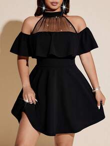 Viva Relle 大码性感黑色圆领露肩亮片网纱拼接腰部连衣裙 - 黑色 - 查看 3