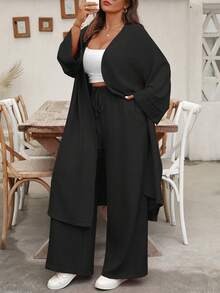 EMERY ROSE Conjunto casual de vacaciones de dos piezas: camisa larga tipo cardigan de talla grande y pantalones rectos - Negro - Ver 6