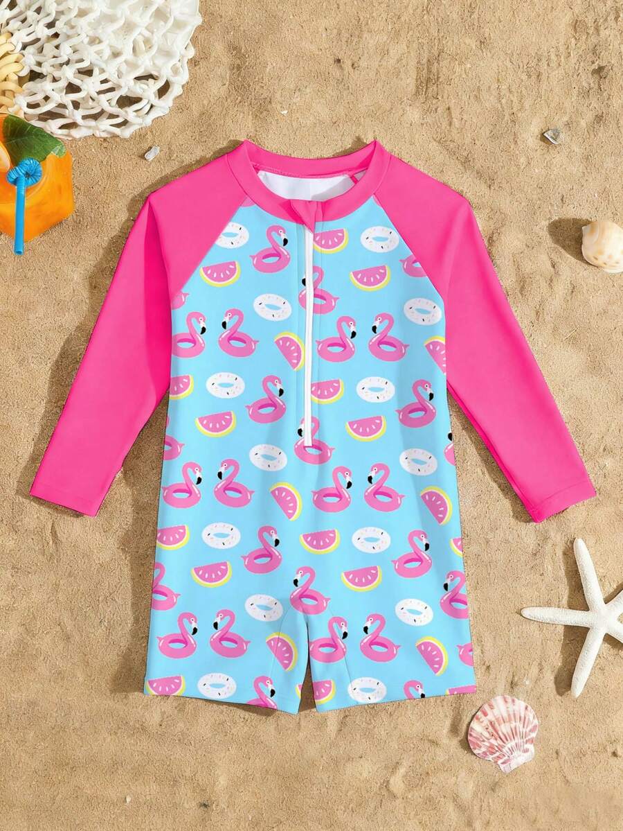 新款时尚女童连体长袖短裤泳衣，随机可爱印花少女泳装 - 彩色 - 查看 1