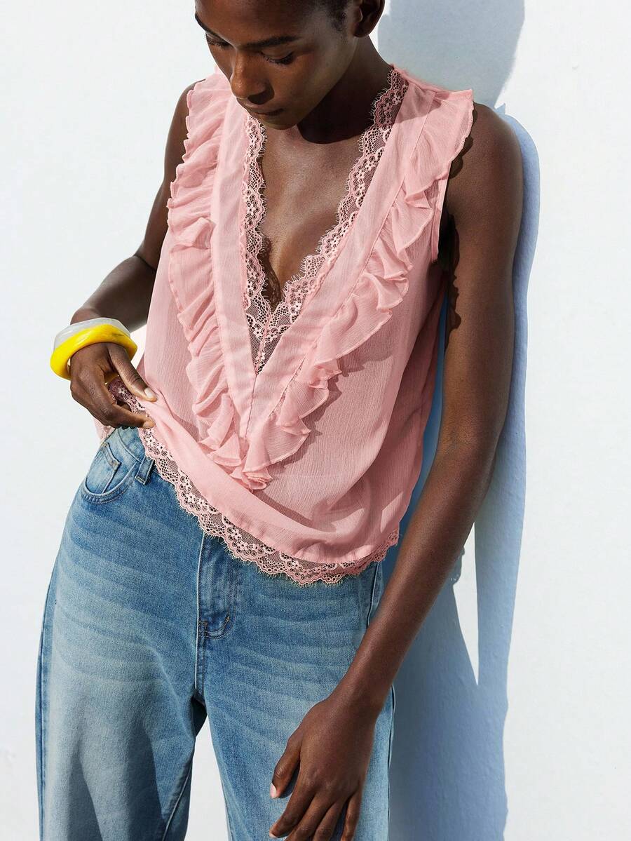 Maija 2026春夏新款女士蕾丝拼接深V领荷叶边无袖时尚上衣，优雅都市浪漫乡村音乐节复古风，适合机场旅行、街头、婚礼宾客、生日、万圣节、商务休闲、约会、派对、返校等场合。 - 粉色 - 查看 1