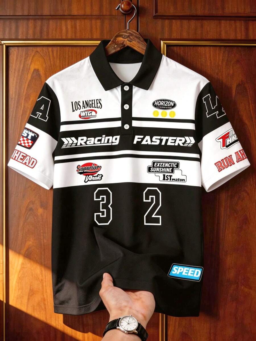 Aesthetic Post 复古摩托车图案印花T恤，数字印花，独特设计，宽松翻领男士Polo衫 - 彩色 - 查看 1