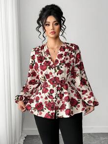 SHEIN Elenzya 大码女装春秋新款薄款玫瑰印花V领衬衫，休闲宽松版型，印花图案，适合情人节、派对、休闲外出和日常穿着等多种场合。 - 黑色 - 查看 5