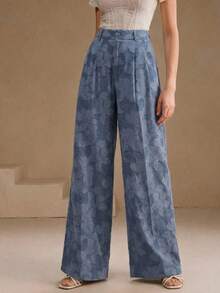 Anewsta 优雅提花牛仔蓝色阔腿裤，高腰显瘦垂坠飘逸百搭沙滩裤，女士 - 藍色 - 查看 4