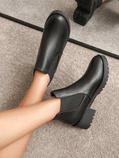 Botas cortas negras talla grande para mujer, con tacón grueso, suela robusta, estilo slip-on casual, en mezcla de tela y, tacón alto, para otoño/invierno hasta mitad de la pantorrilla