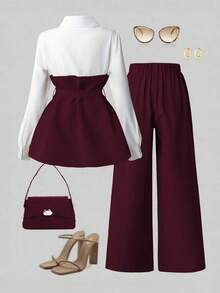 Franclia Women's Color Block Twist Front Long Sleeve Top And Solid Color Split Wide Leg Pants Casual 2 Pieces Set - Burgundy - View 2