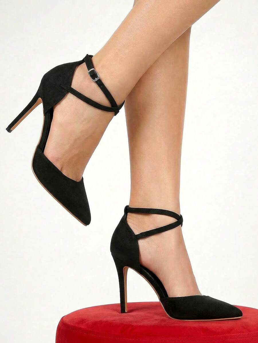 Glitzique 秋冬女士红色麂皮鹿毛缎带搭扣装饰细高跟鞋，2024新款，优雅，派对鞋 - 黑色 - 查看 1