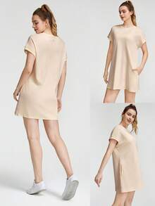 GLOWMODE 側口袋鬆身休閒模混紡T卹連衣裙 - 杏色 - 查看 8