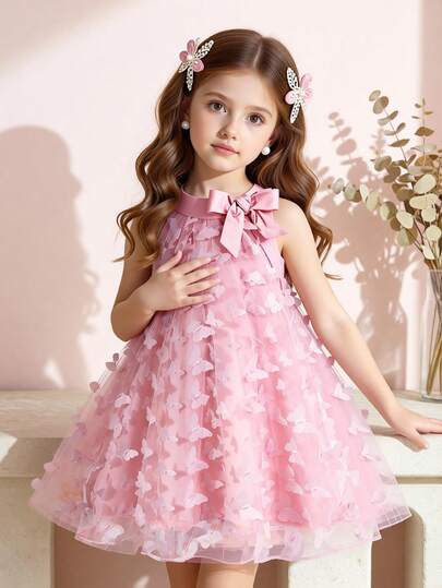 SHEIN Vestidos de niñas jóvenes con sueños dulces, vestido azul de cuello halter con malla floral 3D, elegante y único, adecuado para fiestas, salidas y uso diario