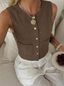 DAZY Solid Color Crew Neck Sleeveless Fitted Jacket For Women, Spring & Summer - Brown - View 3
