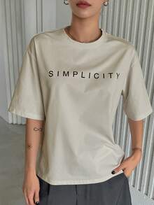 DAZY 女士夏季字母印花宽松圆领短袖T恤 - 淺灰色 - 查看 3