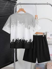 SHEIN Little Byeori 青少年男童宽松街头风短袖短裤套装 - 彩色 - 查看 3