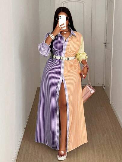 Maweii 2025 Plus Size Women's Striped Color Block Print Cuff Gathered Commute Everyday Versatile Spring/Summer Fabric Stand Collar Fashionable Design High Slit Dress