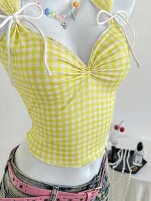 SHEIN EZwear 格子系带心形领修身露脐背心（女款） - 黃色 - 查看 8