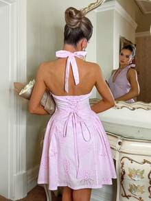 Glamine Charm Romantic Vacation Starfish Embroidered Deep V-Neck Backless Dress For Women - Pink - View 3