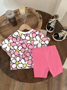 SHEIN 2 Stücke Baby Mädchen Casual Süßes Blumenmuster Set, cremefarbenes rosa Rundhals Kurzarm T-Shirt und rote Leggings, geeignet für Frühling/Sommer, Alltagstragen, Urlaub, Y2K Stil - Verschiedenfarbig - Übersicht 3