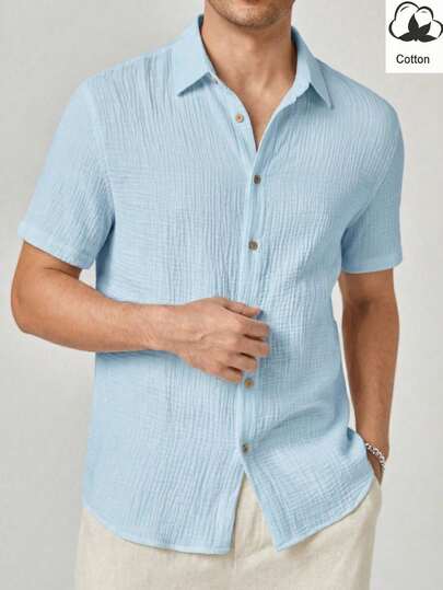 HIMLAND قميص قطني قصير الأكمام مغسول بنسيج متموج للرجال