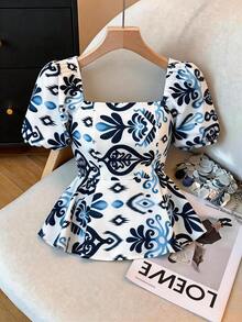 SHEIN Elenzya Women's White And Blue Floral Square Collar Puff Sleeve Waist Cinched A-Line Blouse,Elegant Summer Tea Party French Retro Short Sleeve Fashion Top - Multicolor - View 9