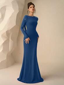 Coutiva Gaun Malam Formal Model Ekor Ikan Tanpa Punggung dengan Hiasan Mutiara Elegan untuk Wanita - Dusty Blue - View 6