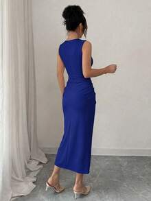 Elenzga Đầm ôm sát không tay cổ chữ V đính cườm thanh lịch lãng mạn dành cho nữ - Xanh đậm - Xem 2