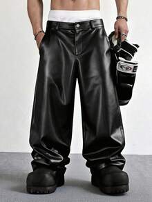 PAVTROS Men's Black PU Leather Pants, Loose Fit Fashion Versatile Trousers - Black - View 3