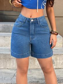 SHEIN PETITE Casual Washed Loose Denim Shorts, Summer - Blue - View 1