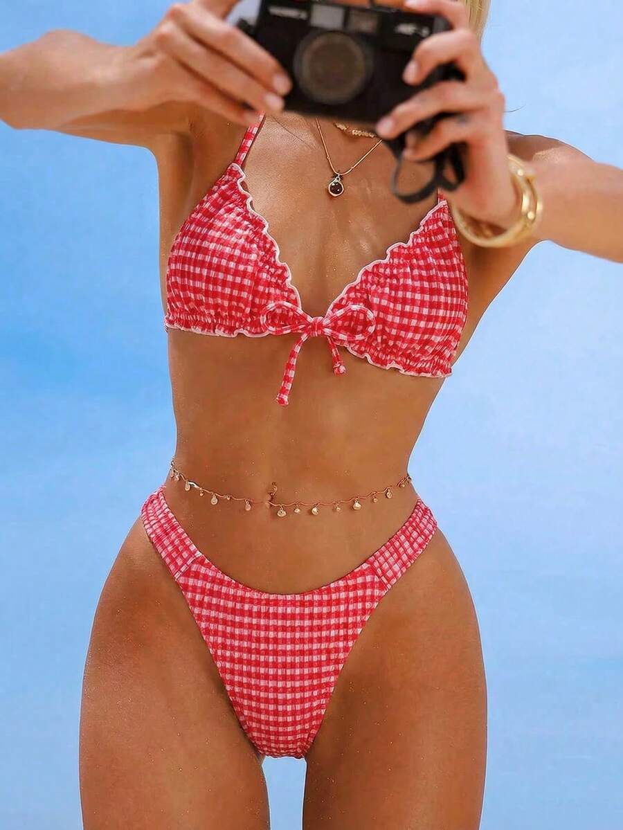 Swim Mod Textured Fabric Ruched Front Tie Bow Waist Pleated Cute Sweet Fashion Lively Party 2-Piece Bikini Set Set - Red - View 1