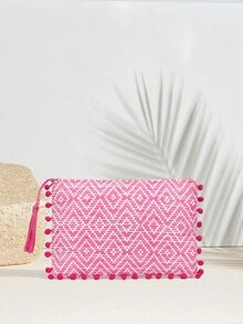 SHECARRY Women's Versatile Bohemian Casual Vacation Beach Diamond Pattern Fuchsia Tassel Pompom Clutch Bag, Prom Bag For Party - Burgundy - View 2