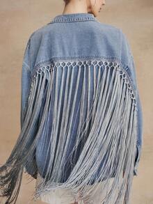 Anewsta Women's Elegant Romantic Fringe Trim Long Sleeve Shirt, Suitable For Parties, Vacations, Casual Wear, Spring/Summer - Blue - View 3