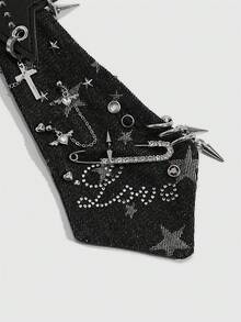 ROMWE 1Pc Punk Style  Star Ladies' Shirt Accessory,Piercing Rivet PU Star Decorative Tie, No-Tied Necktie, College Style Music Festival Accessory - Multicolor 4 - View 3