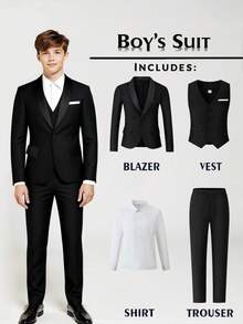 4pcs Teen Boy High-End Elegant Stylish Fashion Banquet Business   Stage Performance Host Four-Seasons Gentleman Suit Set. Blazer + Fitted Vest + Pure White Long Sleeve Shirt + Casual Pants, Suitable For Dinner Party, Hosting, Stage Show, Gathering, Runway, Christening, BusinessWedding,Prom,Graduation Black Suit - Black - View 1