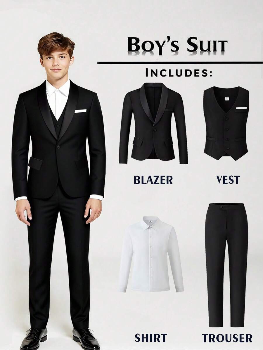 4pcs Teen Boy High-End Elegant Stylish Fashion Banquet Business   Stage Performance Host Four-Seasons Gentleman Suit Set. Blazer + Fitted Vest + Pure White Long Sleeve Shirt + Casual Pants, Suitable For Dinner Party, Hosting, Stage Show, Gathering, Runway, Christening, BusinessWedding,Prom,Graduation Black Suit - Black - View 1