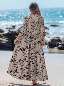 Sylviya 女士V领褶皱长袖连衣裙，适合秋季和夏季穿着，时尚休闲。 - 彩色 - 查看 2