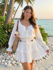 SHEIN ICON Đầm chữ A dáng xòe xếp ly, cổ chữ V, thắt eo, cỡ lớn, phong cách boho, thích hợp mặc đi nghỉ mát, mùa xuân. - Màu be - Xem 2