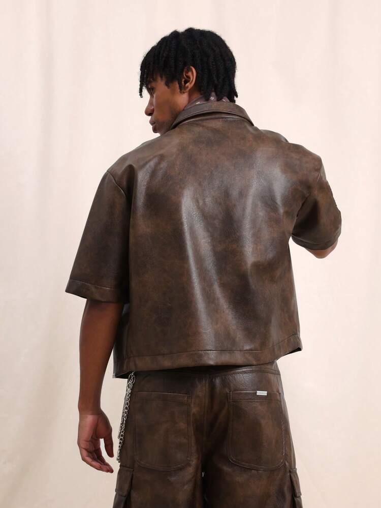 Chemise à manches courtes en similicuir marron pour hommes, style vintage western avec boutons, col décontracté, coupe régulière, mode printemps été