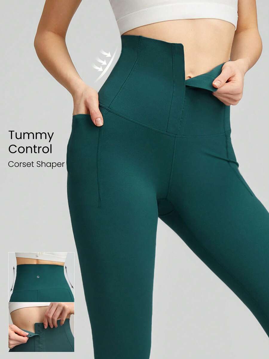 GLOWMODE 24" FeatherFit™-Sculpt Tummy Control Buttoned Leggings Corset Super High Rise Medium Impact Jogging Gym Training Daily - Dark Green - View 1
