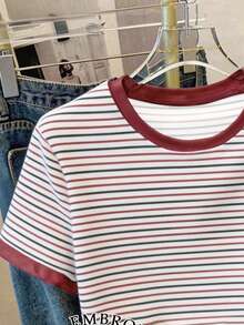 Resyla Women's Casual Striped Embroidered Short Sleeve T-Shirt, Summer - Red - View 3