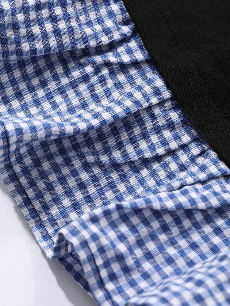 Women's Summer Round Neck Short Sleeve Plaid Patchwork Casual Cropped Cute T-Shirt