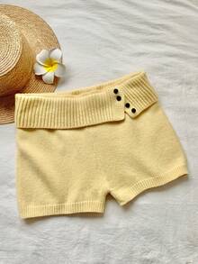 Comfortcana Women's Low-Rise Knit Shorts With Button Details And Rolled-Up Cuffs, Suitable For Spring And Summer. - Pale Yellow - View 6